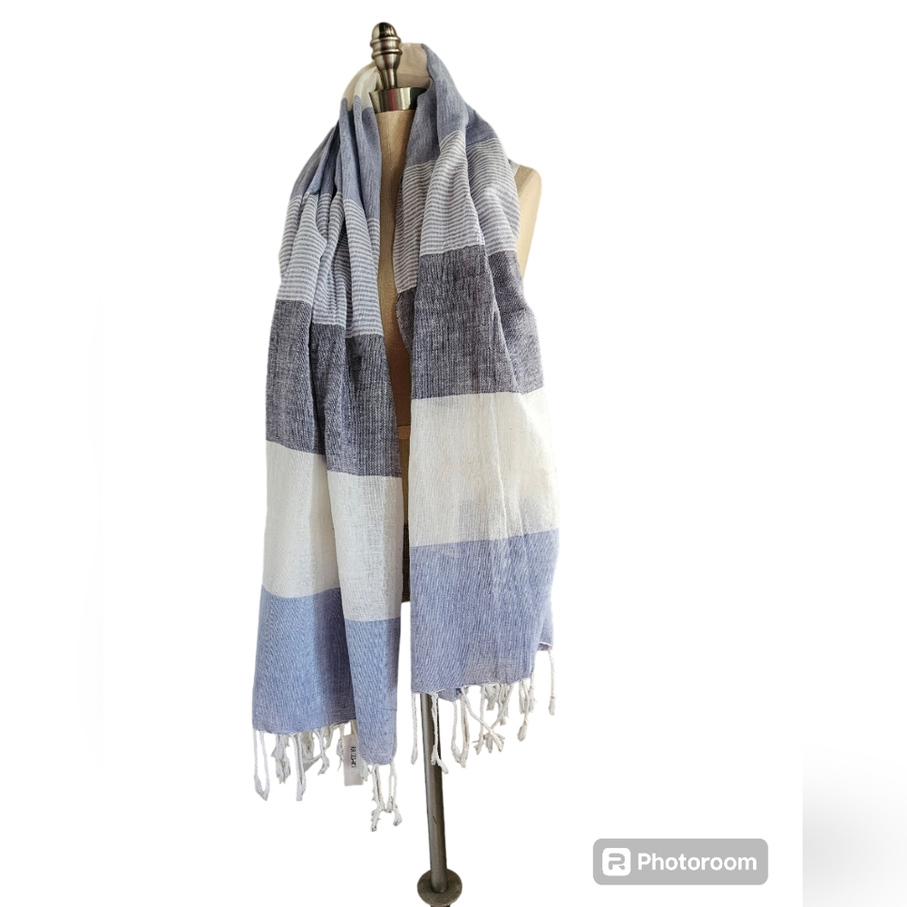 NWT HAPPY FEW Multi Pattern Blue Striped Cotton Scarf